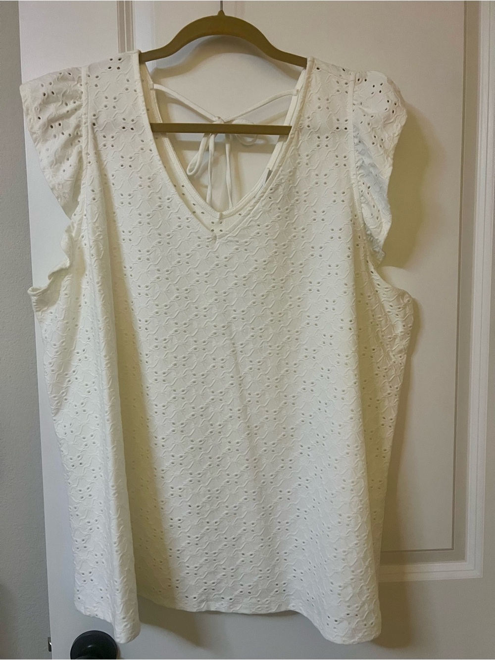 White eyelet flutter sleeve v neck